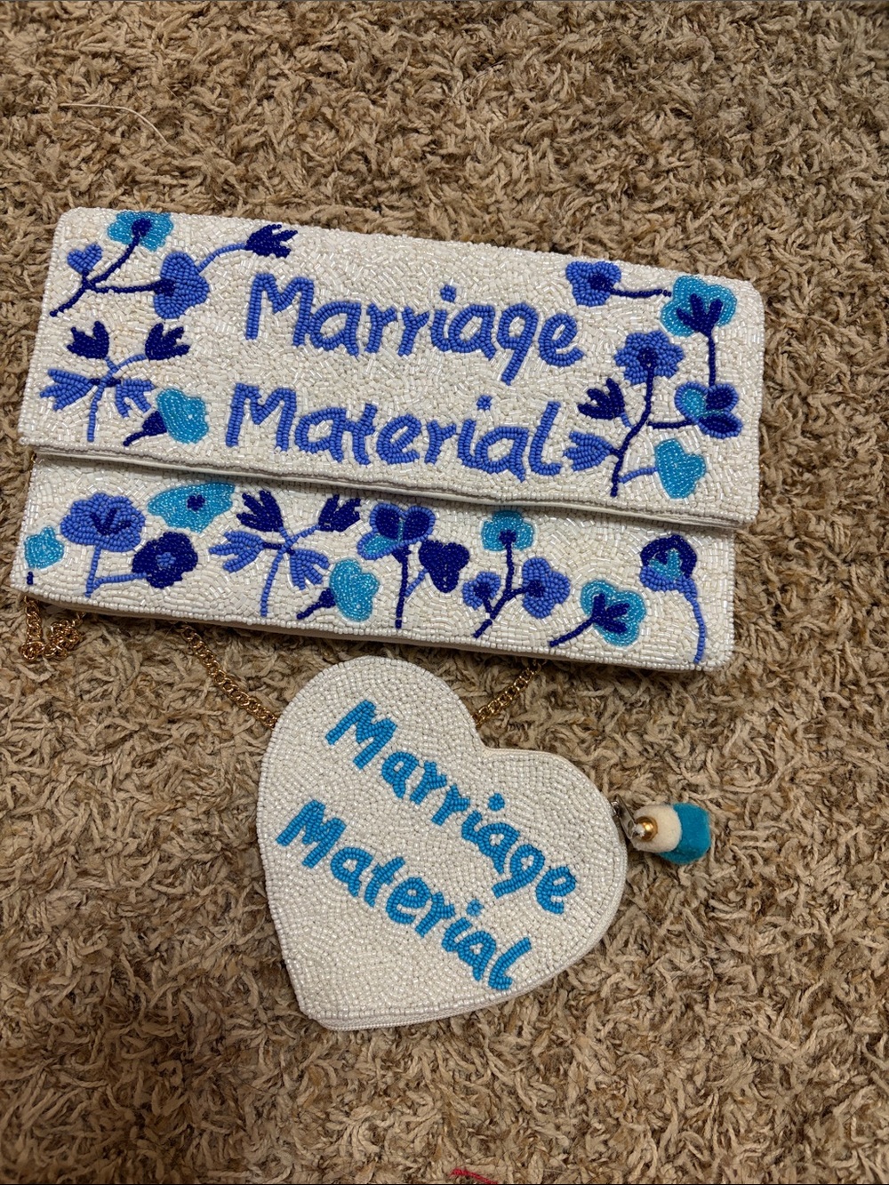 White Beaded 'Marriage Material' Clutch and Heart Bag Set